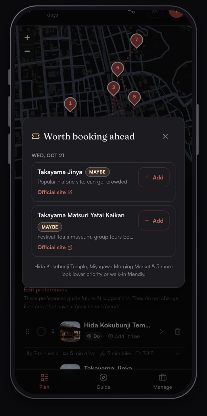 Passage AI Worth booking ahead sheet for Wednesday 21 October: Takayama Jinya and Takayama Matsuri Yatai Kaikan marked Maybe with Official site links, and five other stops listed as lower priority or walk-in friendly