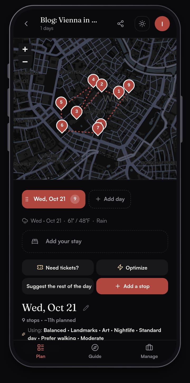 Passage AI map of a one-day Vienna plan with nine numbered pins inside the Ring, from Stephansdom to the Kunsthistorisches Museum, with Need tickets?, Optimize and Add a stop buttons below