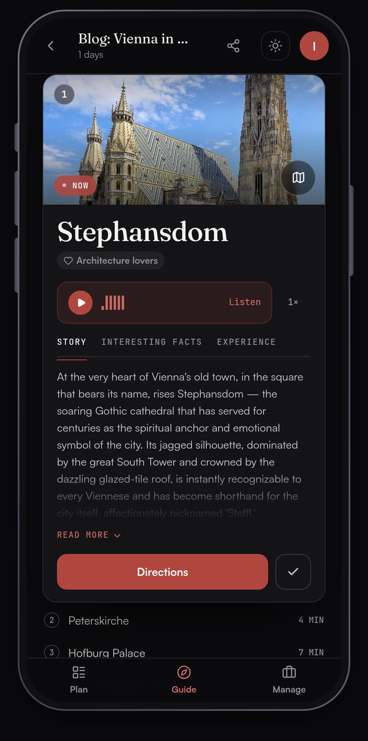 Passage AI Guide card for Stephansdom with a photo of the cathedral's tiled roof and South Tower, a Listen button, Story, Interesting facts and Experience tabs, the start of the story text and a Directions button