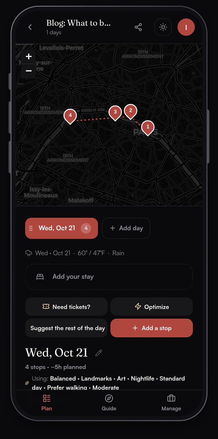 Passage AI day map of Paris for Wednesday 21 October with four numbered pins along the Seine, from Notre-Dame in the east to the Eiffel Tower in the west, above the Need tickets?, Optimize and Add a stop buttons