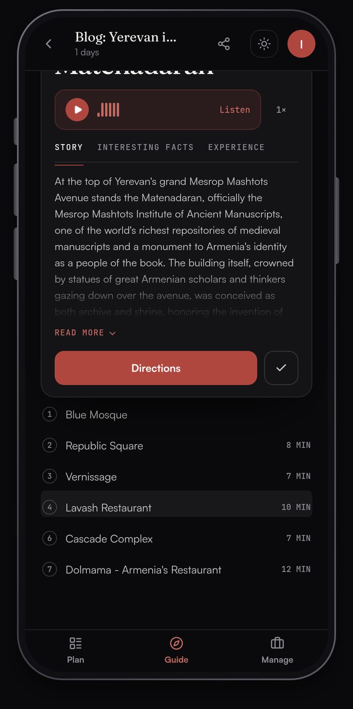 Passage AI Guide card for the Matenadaran in Yerevan, with a Listen button for audio, the Story tab and a Directions button above the day's stop list