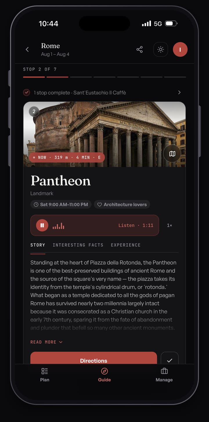 Passage AI audio guide card for the Pantheon in Rome, with Story, Interesting Facts and Experience tabs and a Listen button