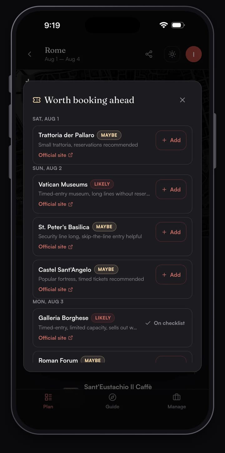 Passage AI Need tickets? sheet listing Rome stops worth booking ahead, each with a LIKELY or MAYBE tag, a short reason and an official site link