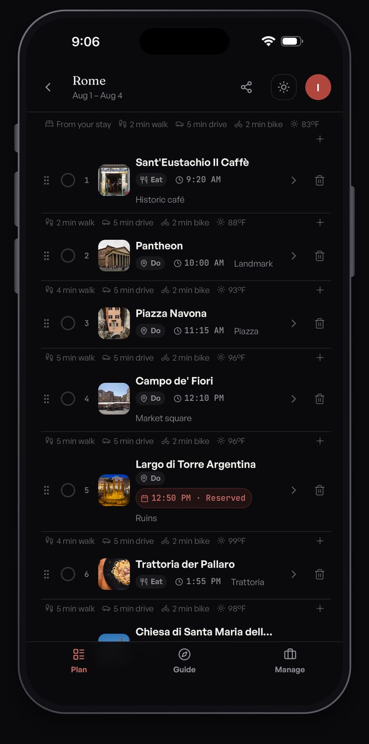 Passage AI walking itinerary for a day in Rome, with timed stops such as the Pantheon and Piazza Navona and walking, driving and biking estimates between them