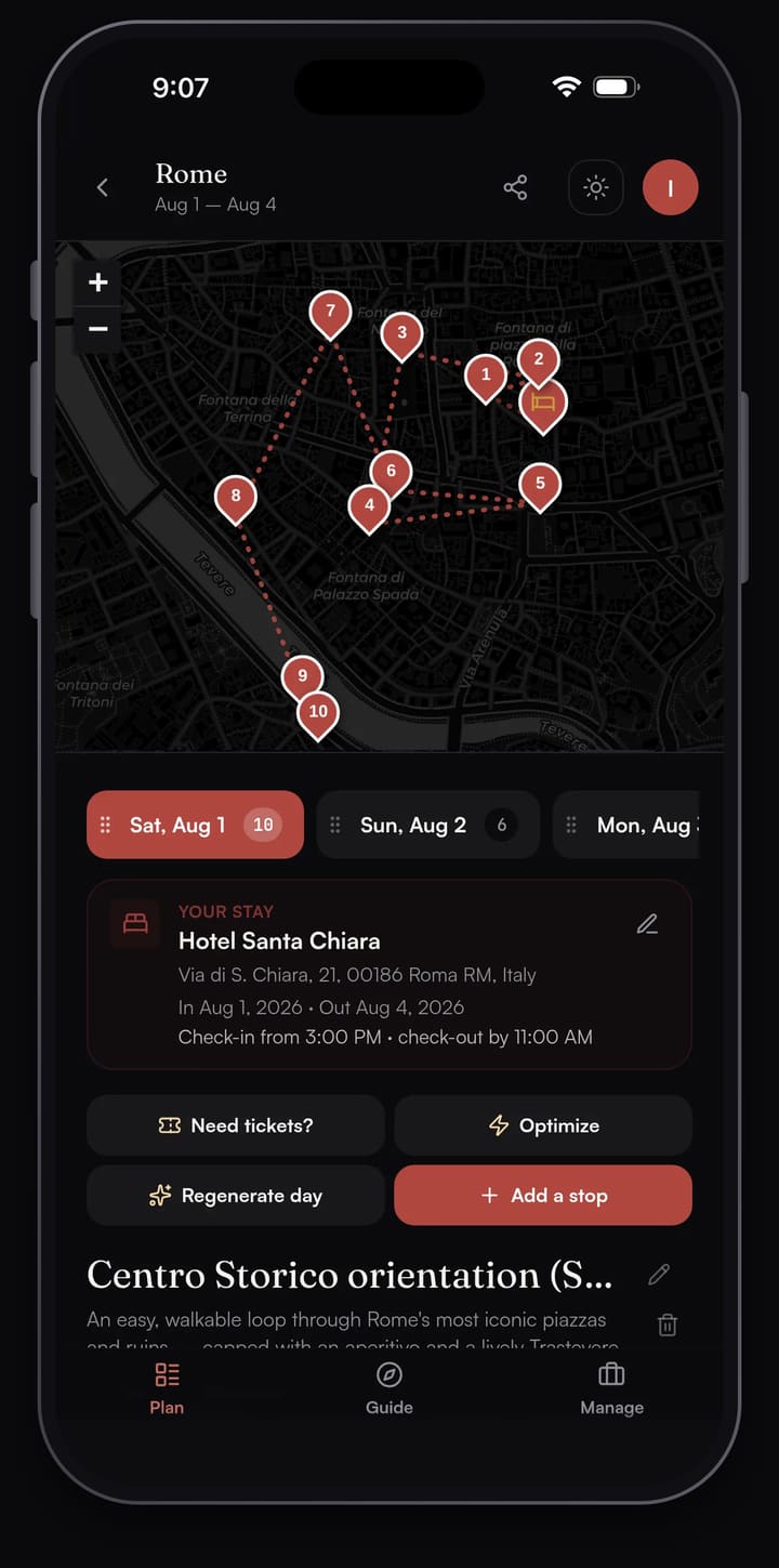 Passage AI Plan tab for a day in Rome, with numbered stops on a map and the Need tickets?, Optimize and Add a stop buttons