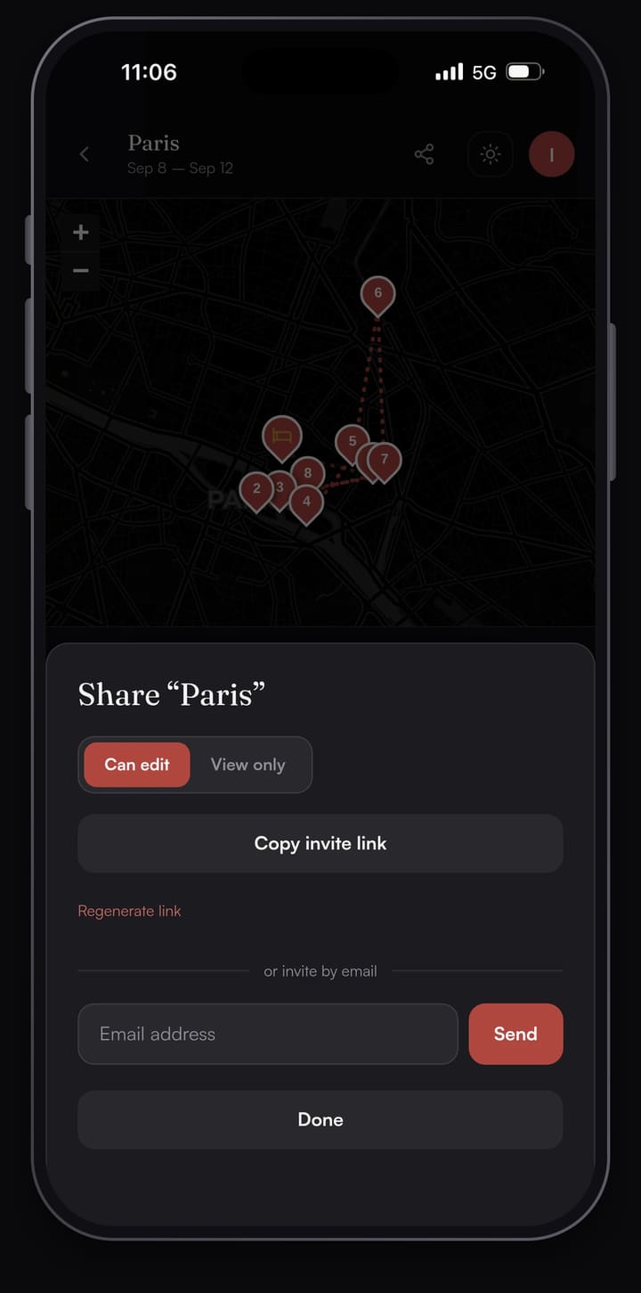 Passage AI share sheet with a Can edit link, a View only link and an invite by email option